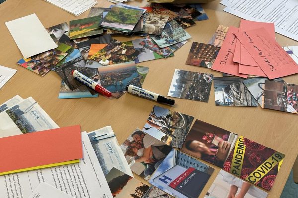 Workshop Berlin SVEPM Teilnehmende ordnen Bildkarten zu Landschaft, Tierhaltung und Gesundheit auf einem Tisch