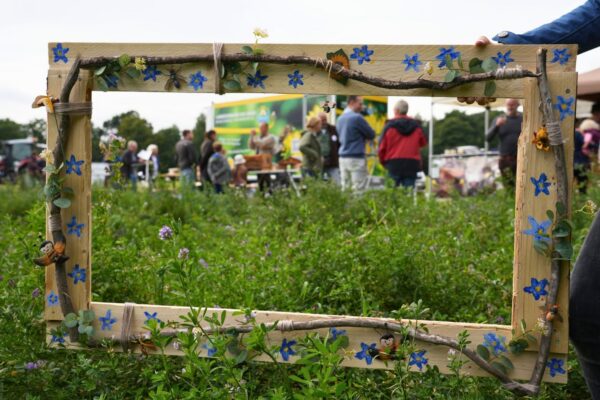 Boom&Bloom Beitrag Ein mit blauen Blumen, Zweigen und kleinen Bienenfiguren verzierter Holzrahmen steht auf einer blühenden Wiese. Durch den Rahmen sind Besucherinnen und Besucher der Veranstaltung „Boom & Bloom“ in Eldena zu sehen, die sich an Informationsständen austauschen.