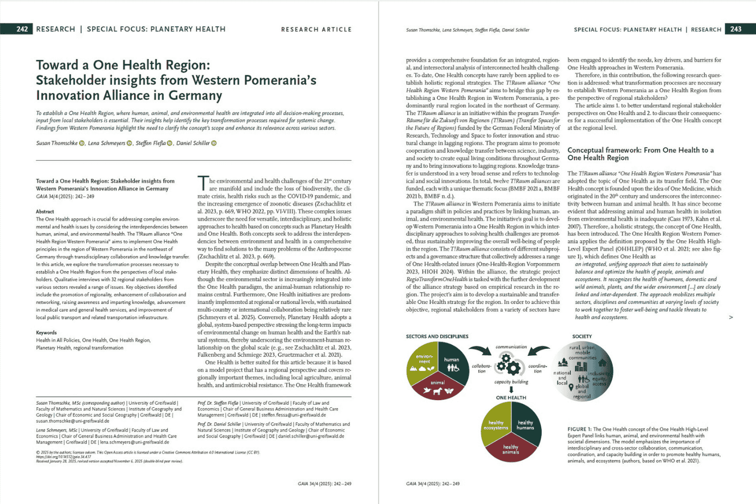 Titelseite des Open-Access-Artikels „Toward a One Health Region: Stakeholder insights from Western Pomerania’s Innovation Alliance in Germany“ in der Fachzeitschrift GAIA (2025)